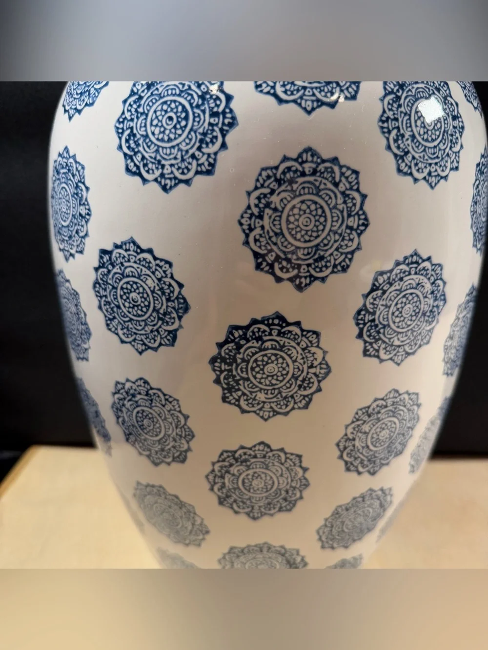 Home Essentials Tall Floor Vase Blue & White Vase With Medallions 16.5” H